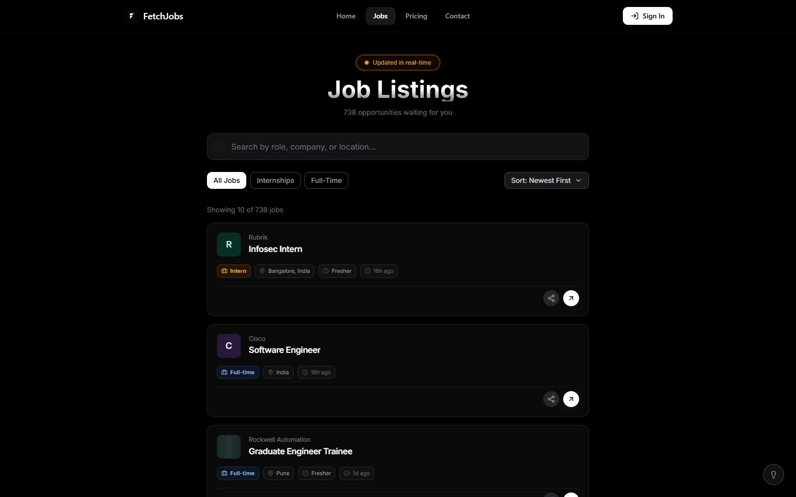 The job board — live, 738 jobs and counting.